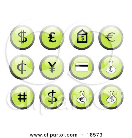 18573-Clipart-Illustration-Of-Set-Of-Green-Financial-Icon-Buttons-With-Black-And-White-Icons-Including-A-Dollar-Sign-Euro-Sign-And-Money-Bags.jpg