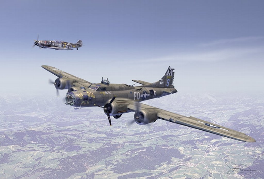 B-17F_Ye_Olde_Pub_in_front___Bf_109_In_back_as_escort.jpg